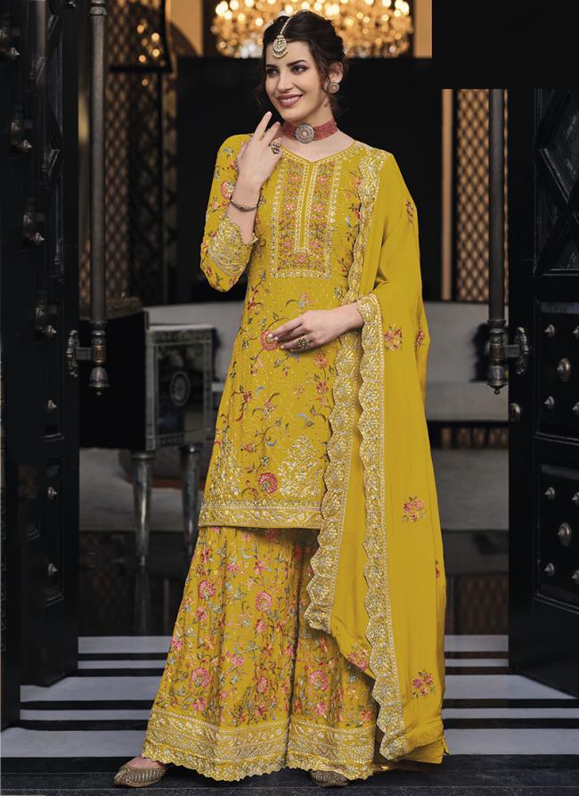 Premium Silk Yellow Wedding Wear Embroidery Work Plazzo Suit